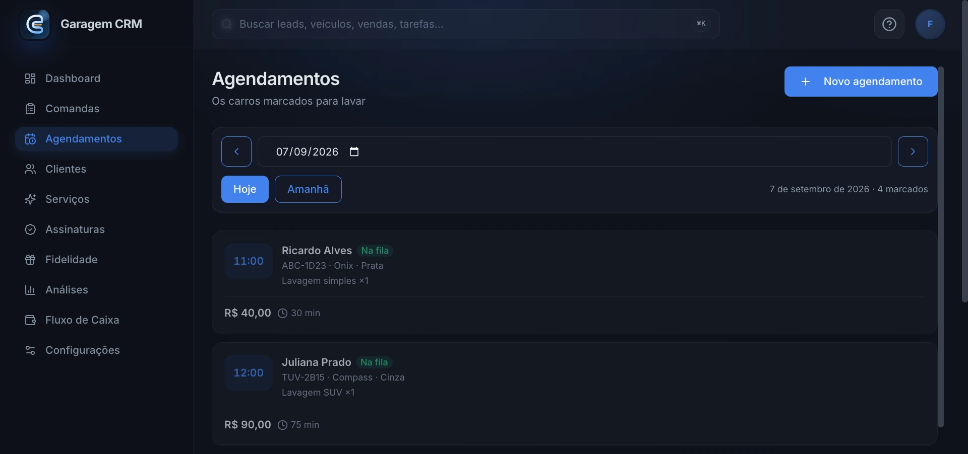 Agenda do dia do AutoFlow com os horários marcados