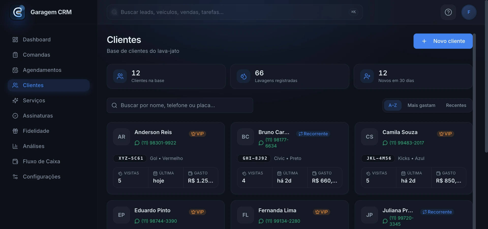 Cadastro de clientes do AutoFlow com veículo e histórico