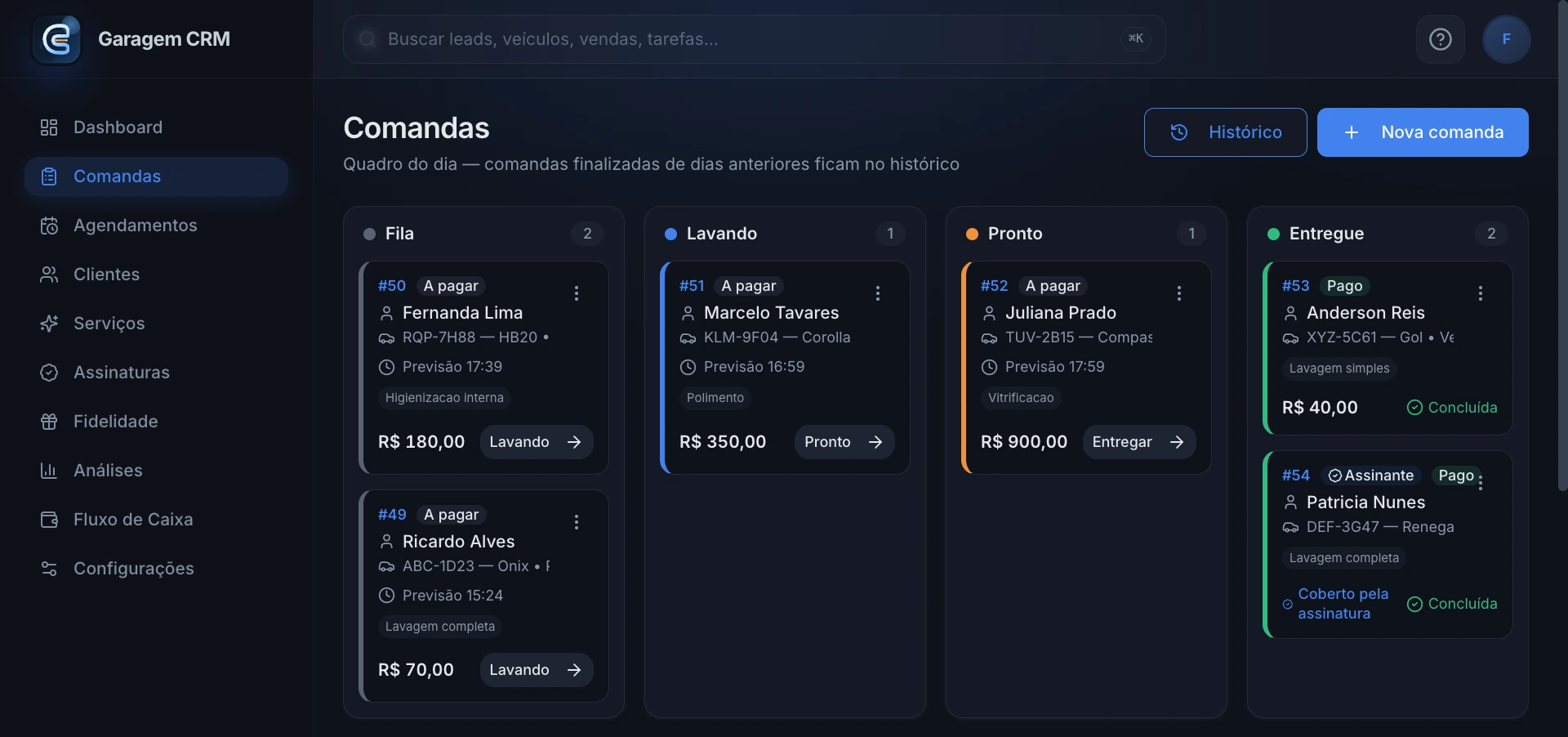 Tela de comandas do AutoFlow com a fila do dia